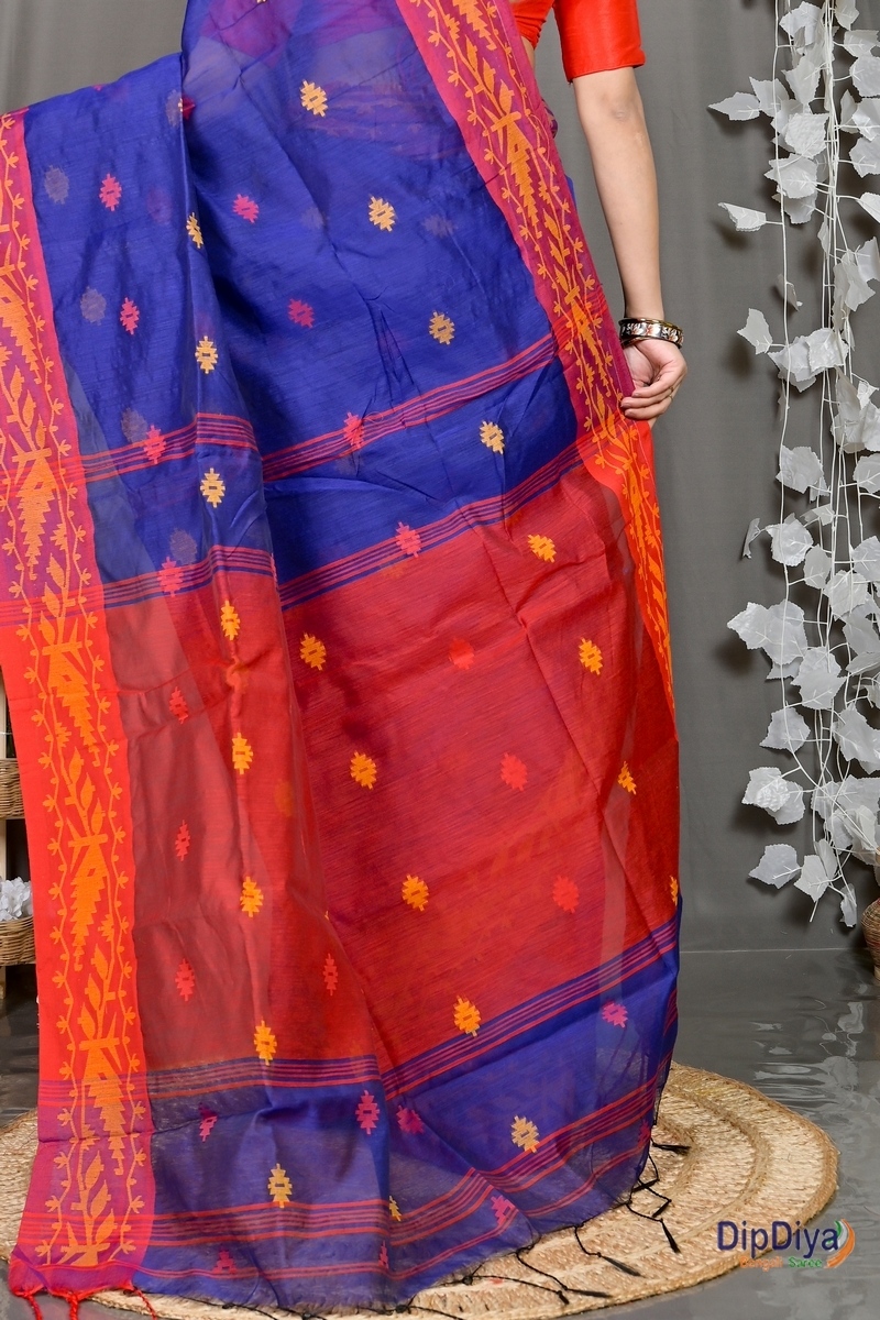 Naby Blue Red Cotton Blended Parul Hand Loom Saree (551)